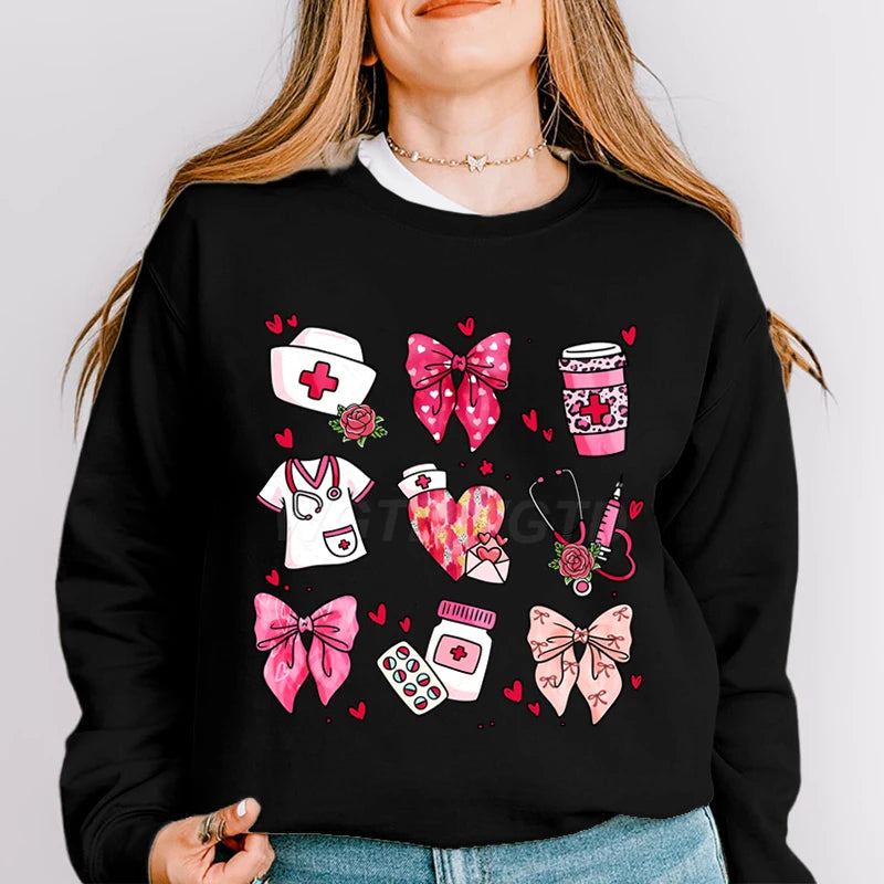 Valentines Nurse Print Hoodies Fashion Hoodie Hip Hop Street Ladies Valentines Nurse Autumn Spring Clothing Hoodie for Women