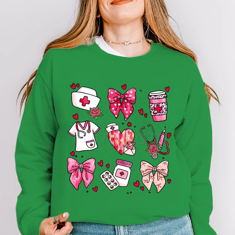 Valentines Nurse Print Hoodies Fashion Hoodie Hip Hop Street Ladies Valentines Nurse Autumn Spring Clothing Hoodie for Women