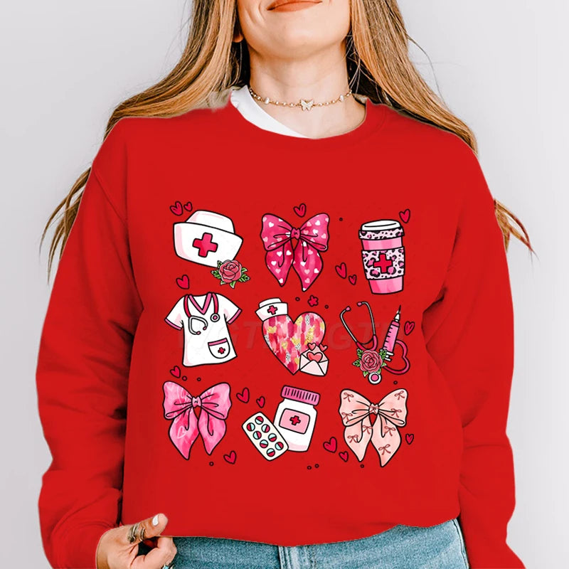 Valentines Nurse Print Hoodies Fashion Hoodie Hip Hop Street Ladies Valentines Nurse Autumn Spring Clothing Hoodie for Women