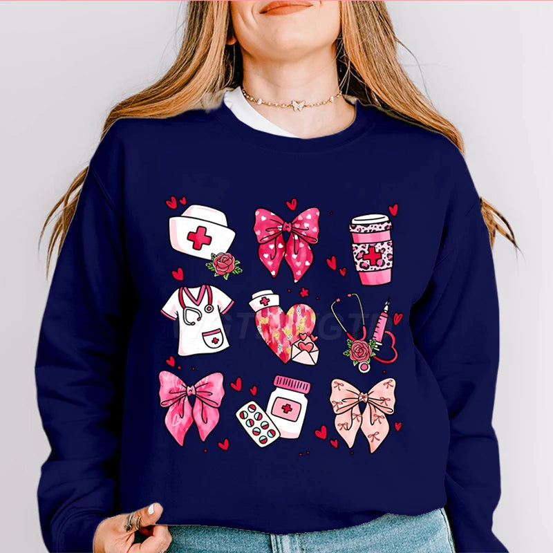 Valentines Nurse Print Hoodies Fashion Hoodie Hip Hop Street Ladies Valentines Nurse Autumn Spring Clothing Hoodie for Women