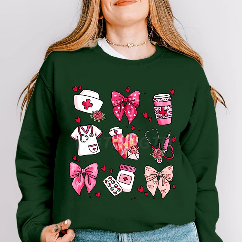Valentines Nurse Print Hoodies Fashion Hoodie Hip Hop Street Ladies Valentines Nurse Autumn Spring Clothing Hoodie for Women
