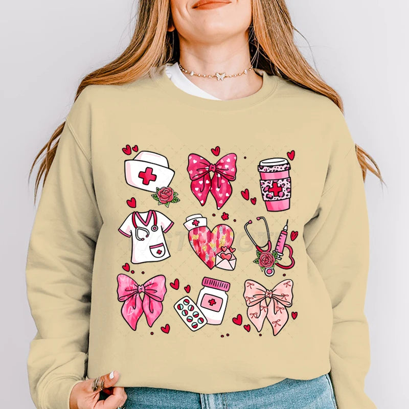 Valentines Nurse Print Hoodies Fashion Hoodie Hip Hop Street Ladies Valentines Nurse Autumn Spring Clothing Hoodie for Women
