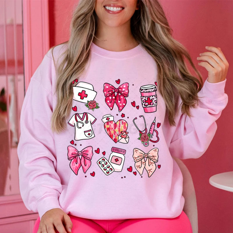 Valentines Nurse Print Hoodies Fashion Hoodie Hip Hop Street Ladies Valentines Nurse Autumn Spring Clothing Hoodie for Women
