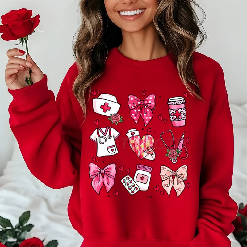 Valentines Nurse Print Hoodies Fashion Hoodie Hip Hop Street Ladies Valentines Nurse Autumn Spring Clothing Hoodie for Women