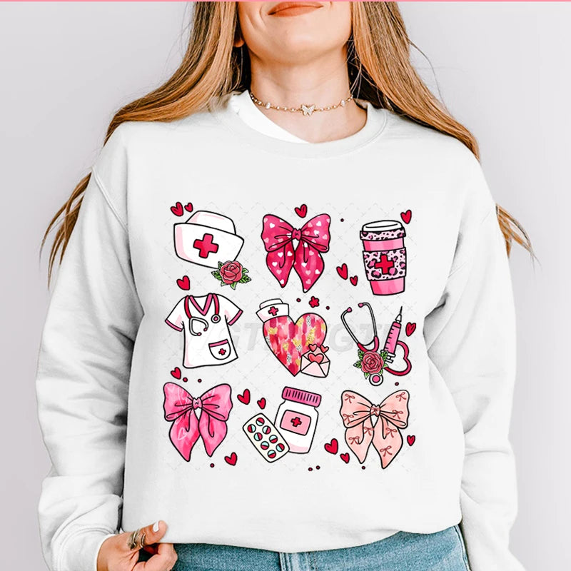 Valentines Nurse Print Hoodies Fashion Hoodie Hip Hop Street Ladies Valentines Nurse Autumn Spring Clothing Hoodie for Women