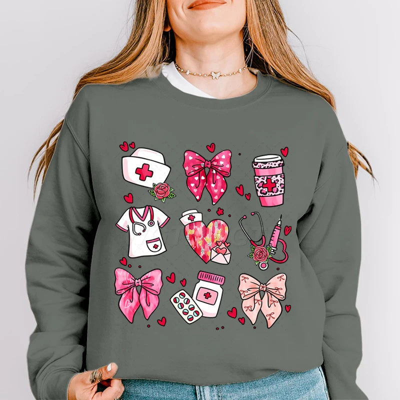 Valentines Nurse Print Hoodies Fashion Hoodie Hip Hop Street Ladies Valentines Nurse Autumn Spring Clothing Hoodie for Women