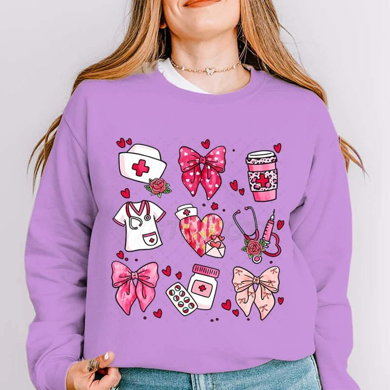 Valentines Nurse Print Hoodies Fashion Hoodie Hip Hop Street Ladies Valentines Nurse Autumn Spring Clothing Hoodie for Women