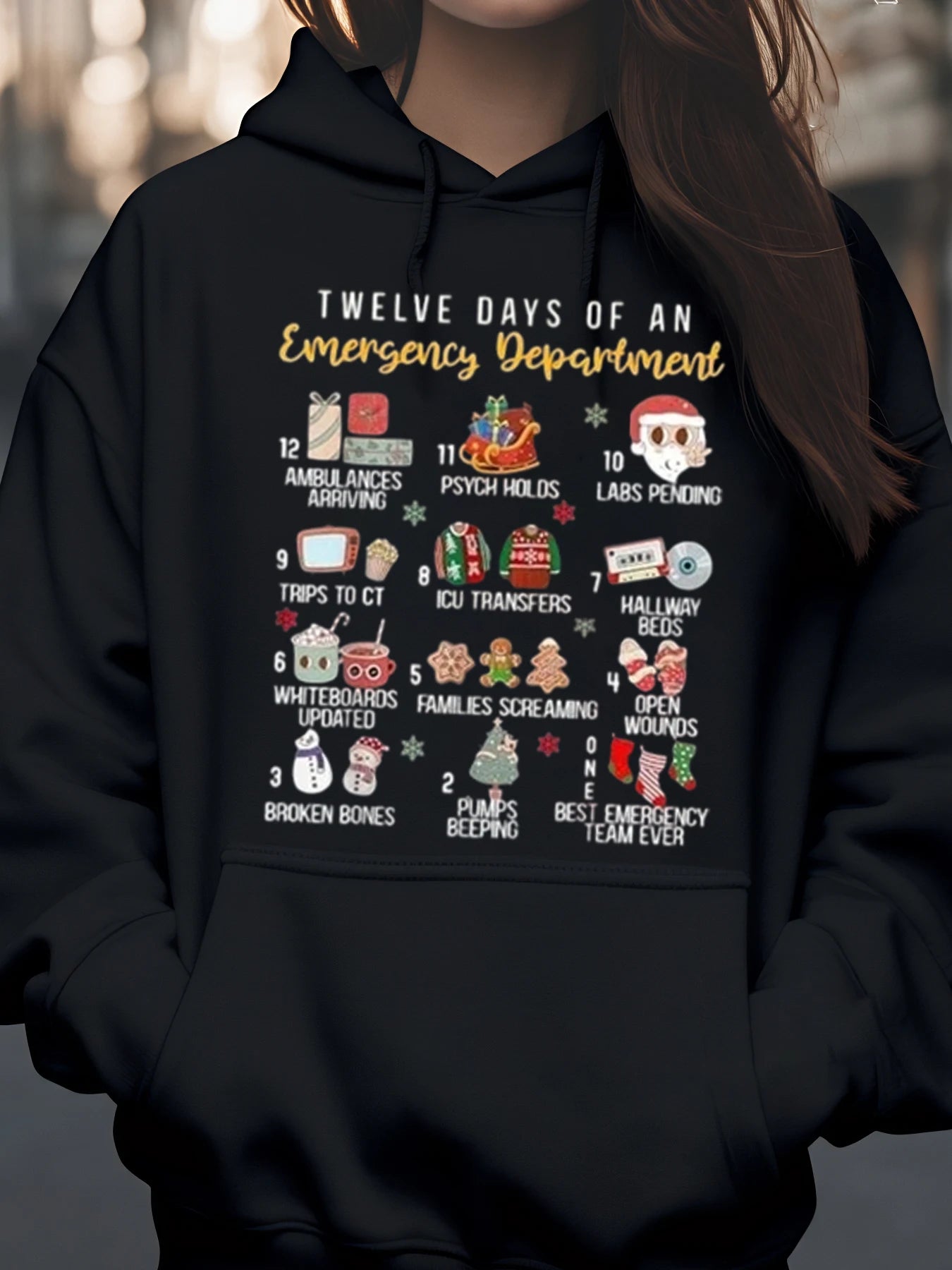 Twelve Days of Emergency Department Christmas Print Hoodie Holiday Gift for Medical Staff Nurses Doctors