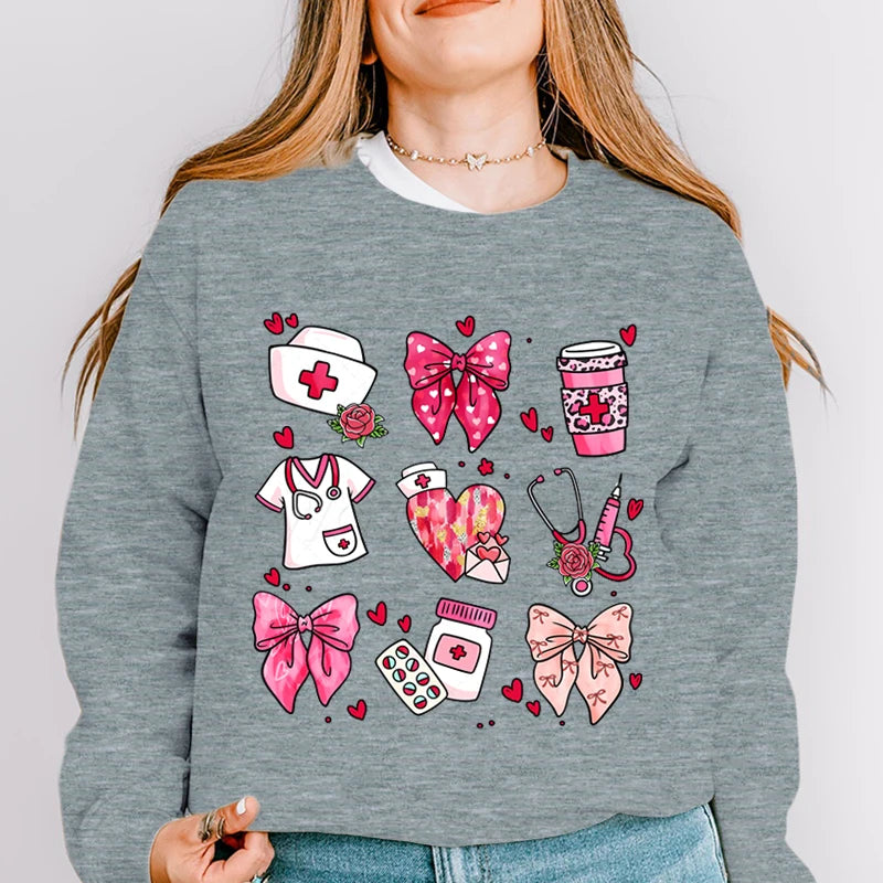 Valentines Nurse Print Hoodies Fashion Hoodie Hip Hop Street Ladies Valentines Nurse Autumn Spring Clothing Hoodie for Women