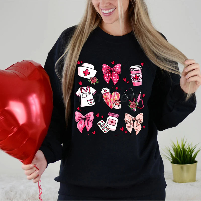 Valentines Nurse Print Hoodies Fashion Hoodie Hip Hop Street Ladies Valentines Nurse Autumn Spring Clothing Hoodie for Women