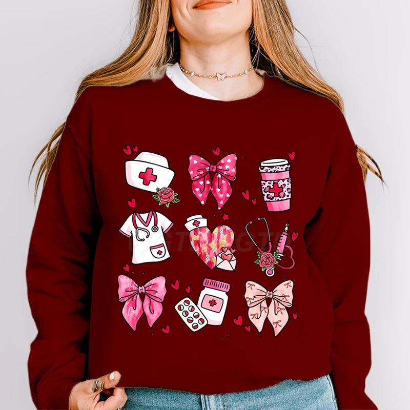 Valentines Nurse Print Hoodies Fashion Hoodie Hip Hop Street Ladies Valentines Nurse Autumn Spring Clothing Hoodie for Women