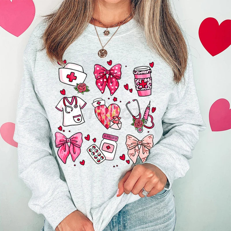 Valentines Nurse Print Hoodies Fashion Hoodie Hip Hop Street Ladies Valentines Nurse Autumn Spring Clothing Hoodie for Women