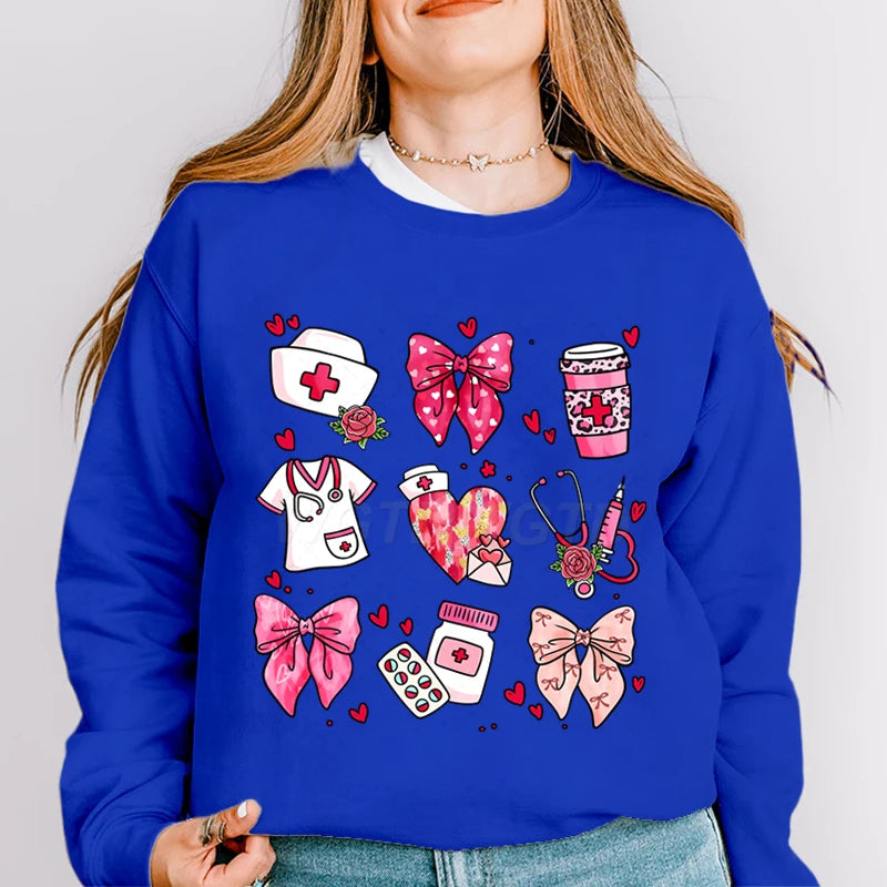 Valentines Nurse Print Hoodies Fashion Hoodie Hip Hop Street Ladies Valentines Nurse Autumn Spring Clothing Hoodie for Women