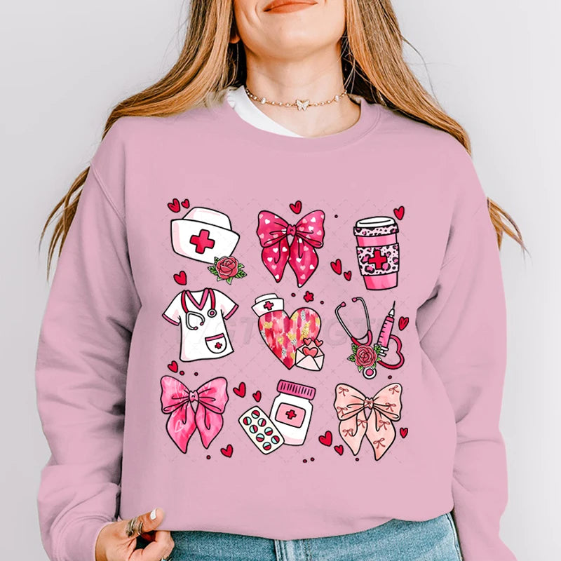 Valentines Nurse Print Hoodies Fashion Hoodie Hip Hop Street Ladies Valentines Nurse Autumn Spring Clothing Hoodie for Women