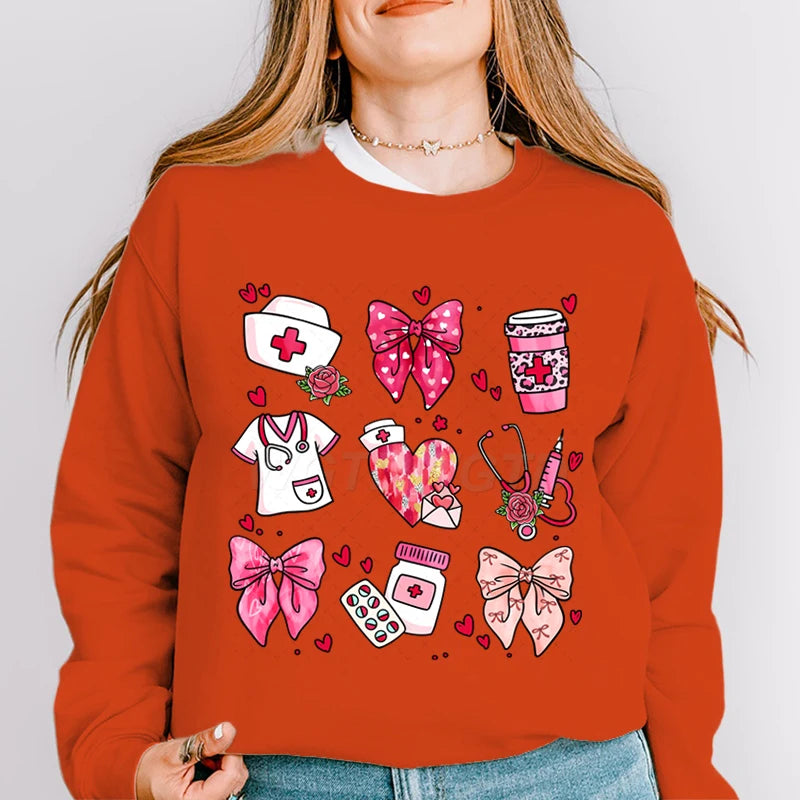 Valentines Nurse Print Hoodies Fashion Hoodie Hip Hop Street Ladies Valentines Nurse Autumn Spring Clothing Hoodie for Women